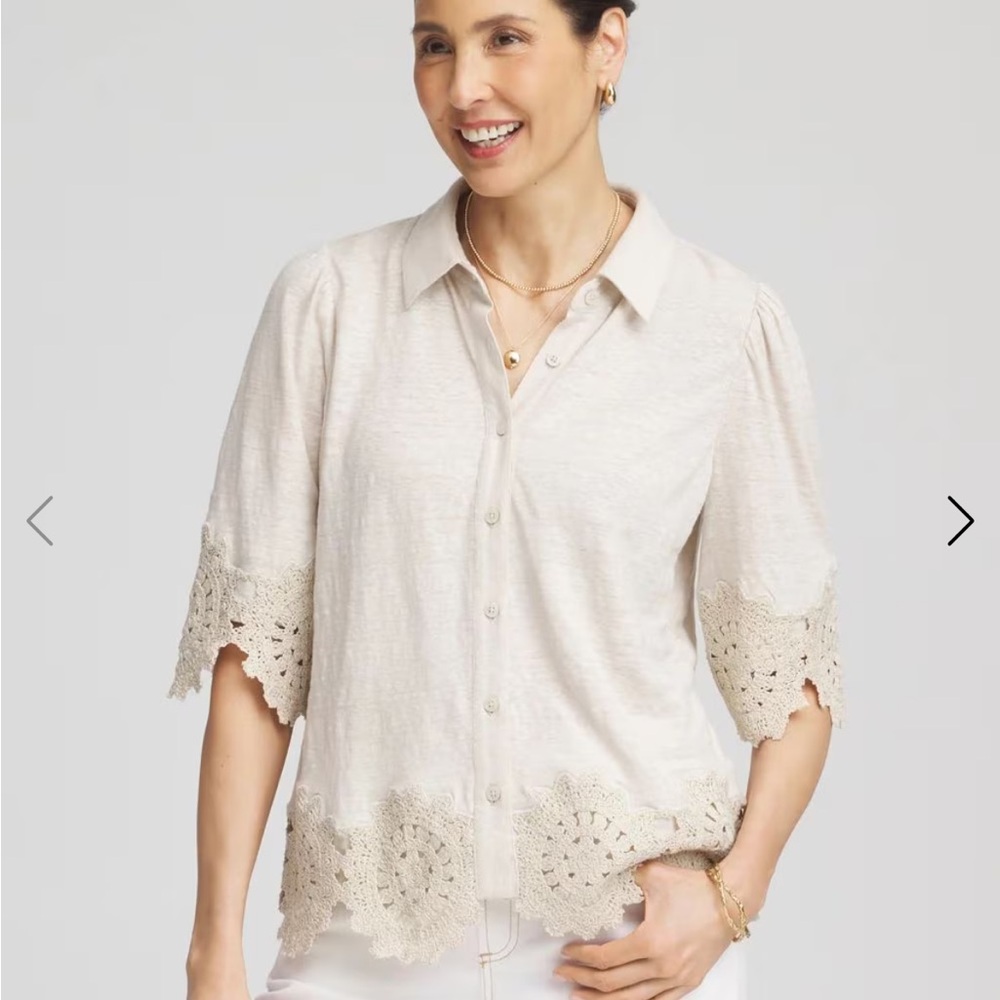 Chicos Crochet Trim Linen Shirt